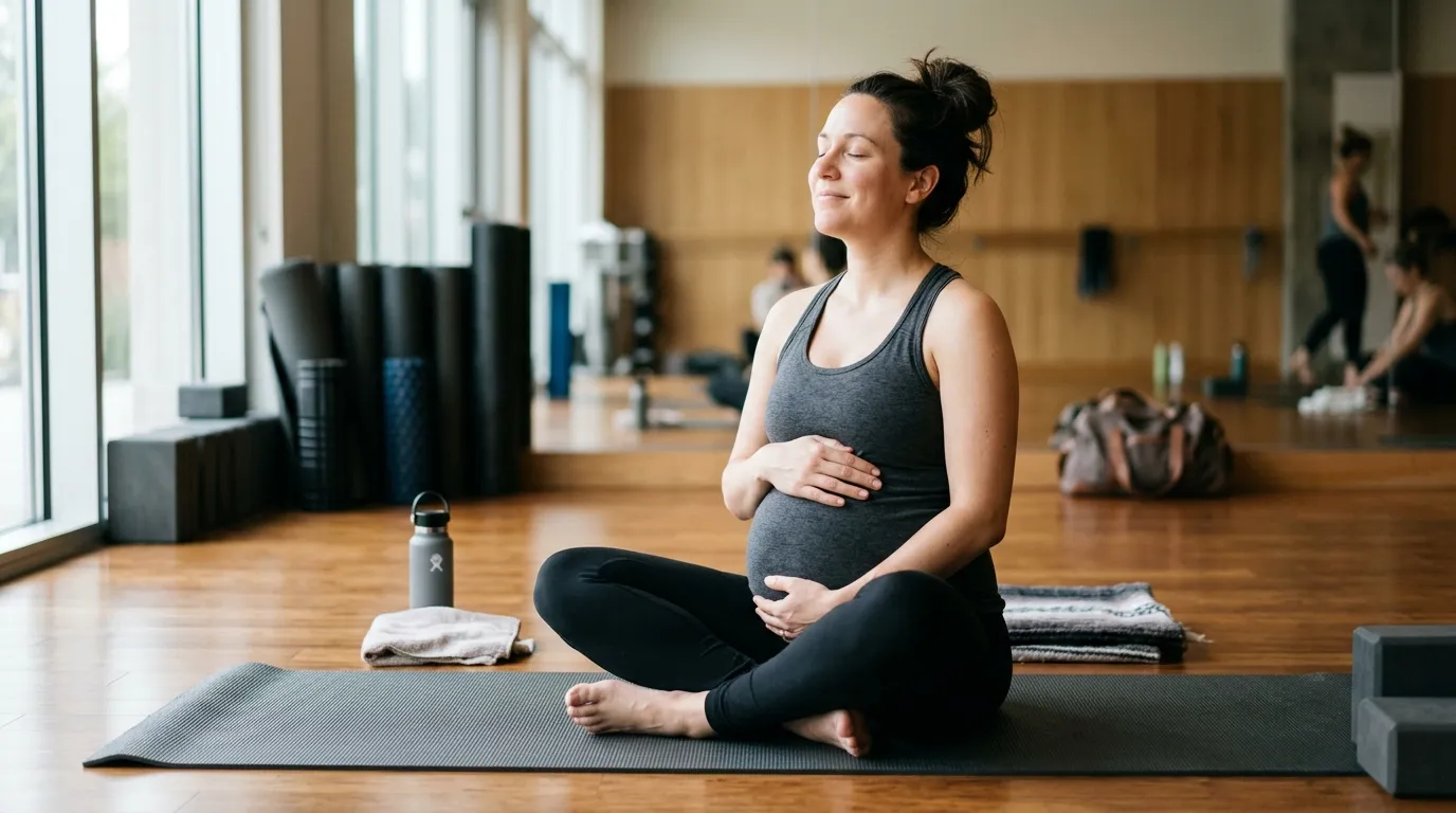 Pregnant woman resting and practicing deep breathing on a yoga mat