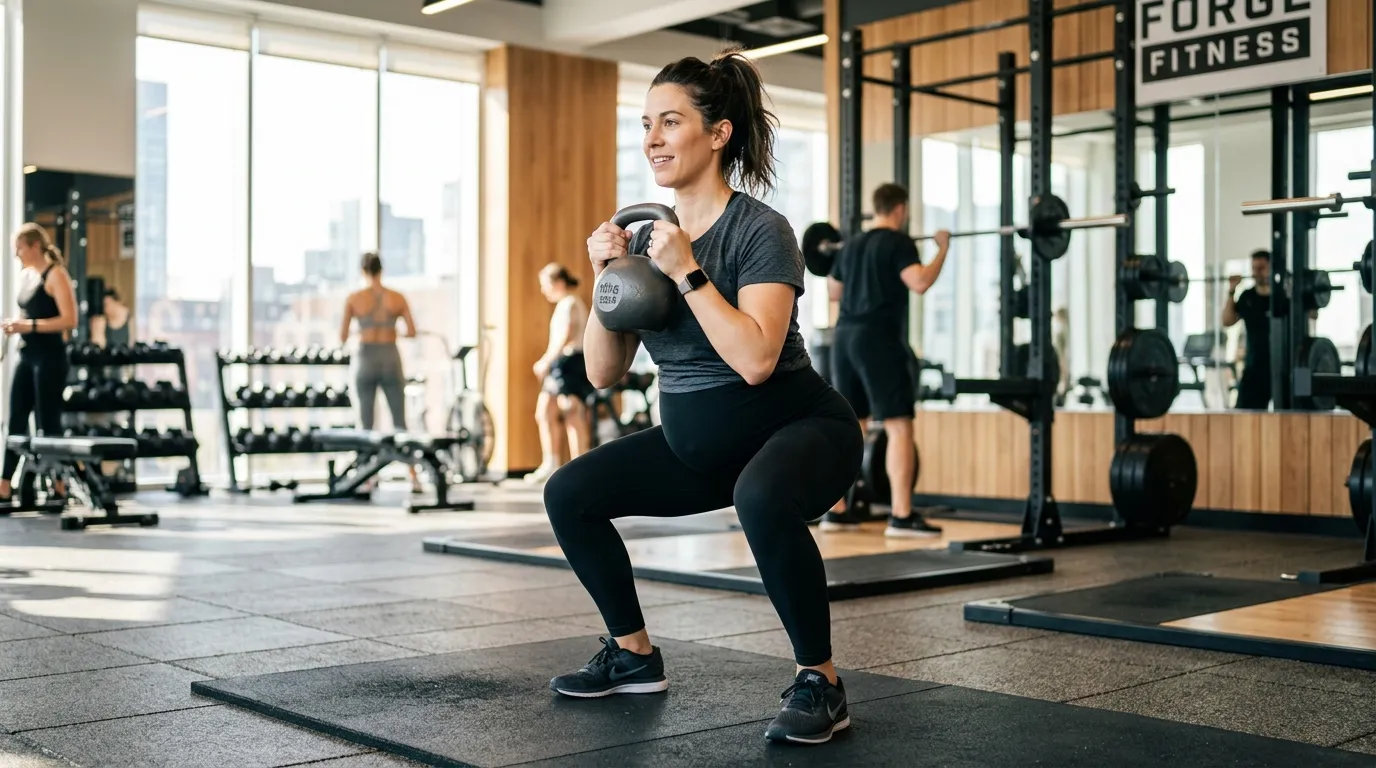 Pregnant woman performing a safe and controlled kettlebell squat in a gym