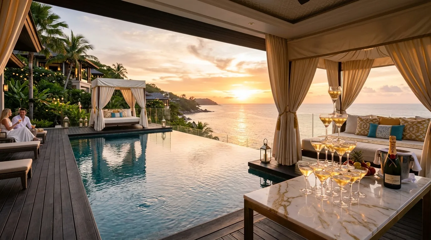 The luxurious Presidential Pavilion at Lotus Bay Resort featuring an oceanfront infinity pool.