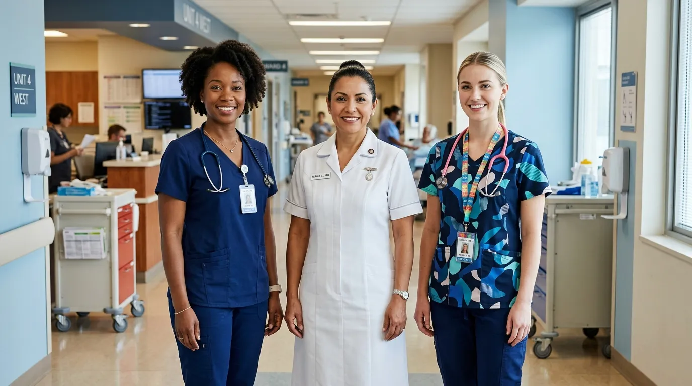 Three professional diverse nurses standing together confidently in a modern hospital setting