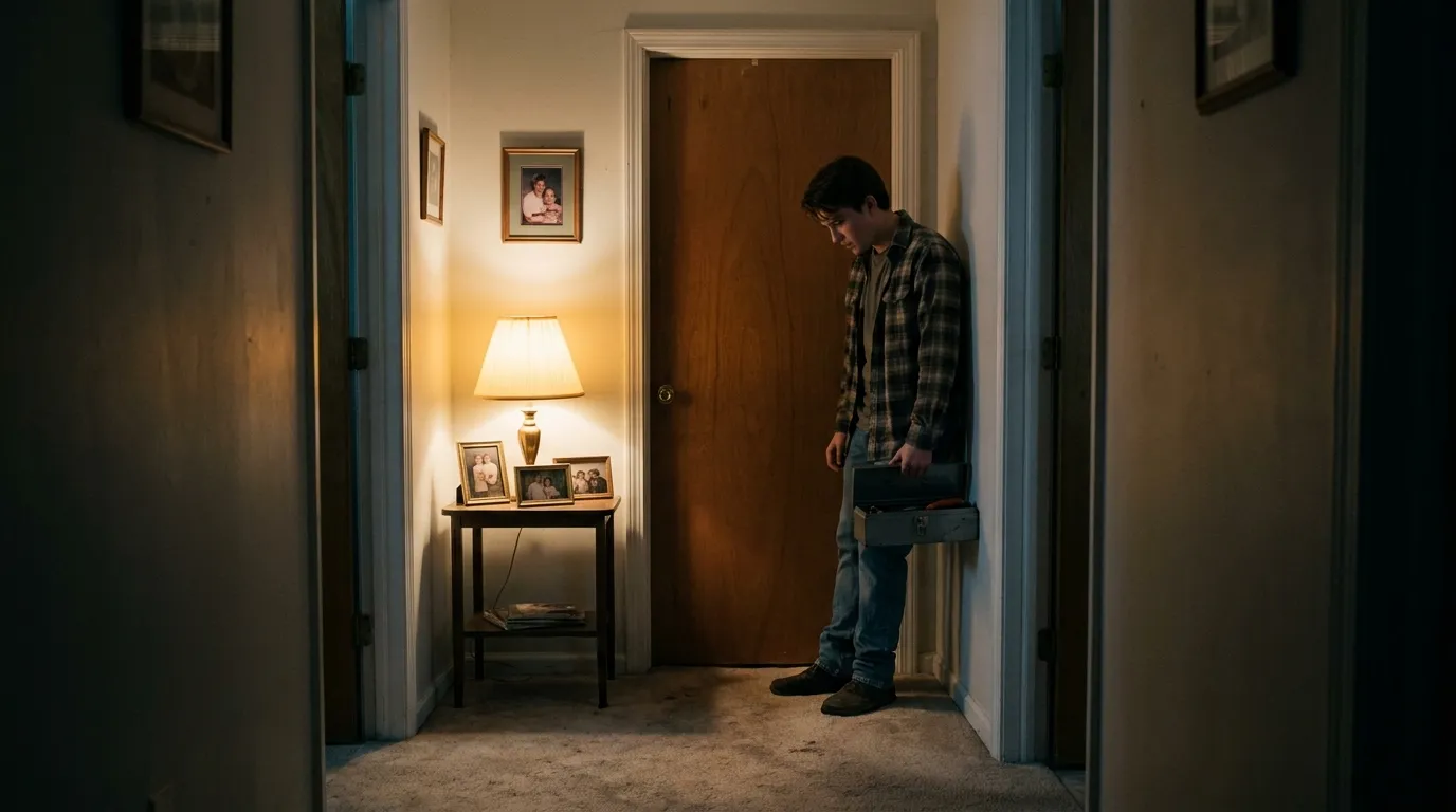 A young man standing quietly in a dimly lit hallway holding a toolkit