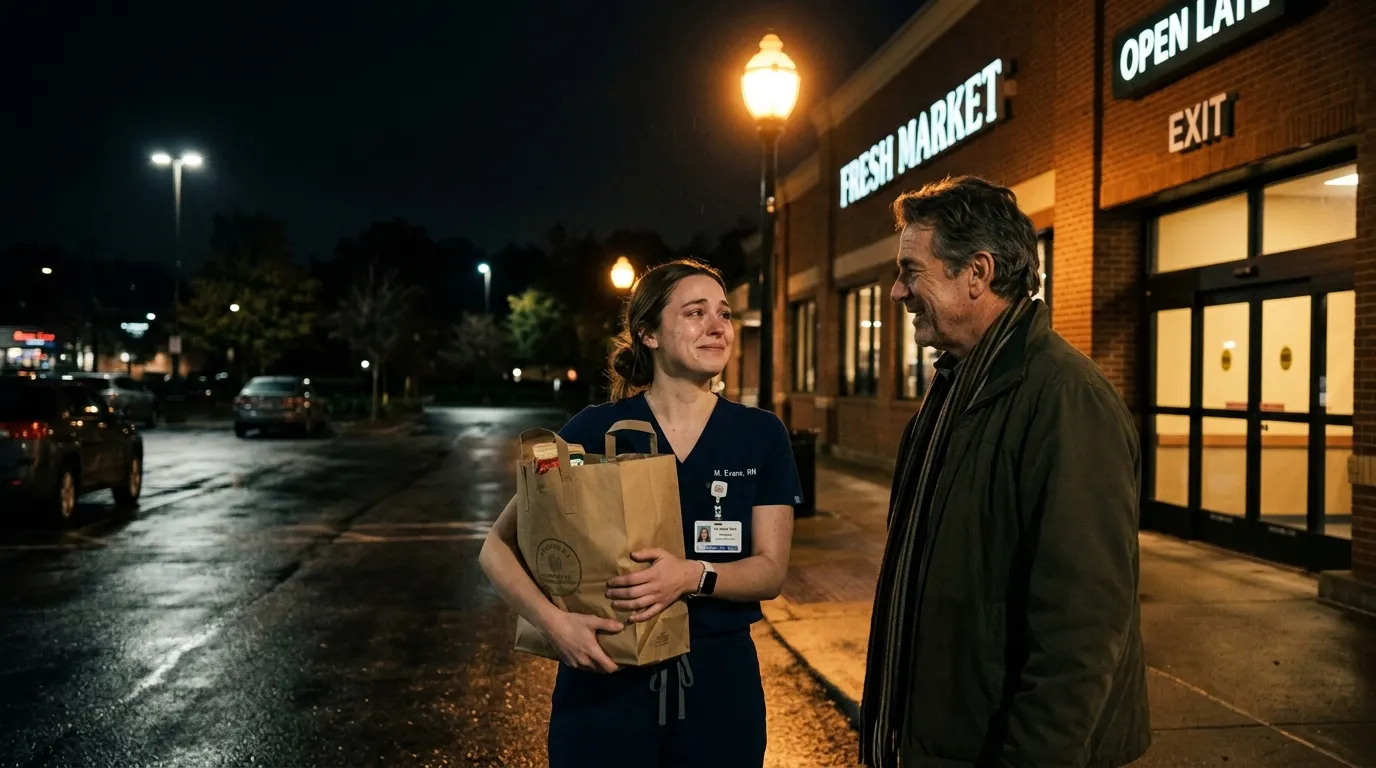 Two people talking quietly outside a grocery store at night
