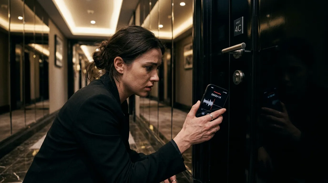 A woman crouched in a dark hallway, holding her phone to record audio under a closed apartment door.