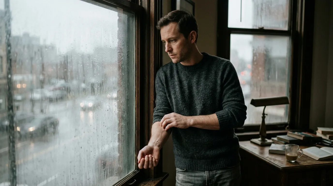 Man standing by a misty window looking thoughtfully at his arm