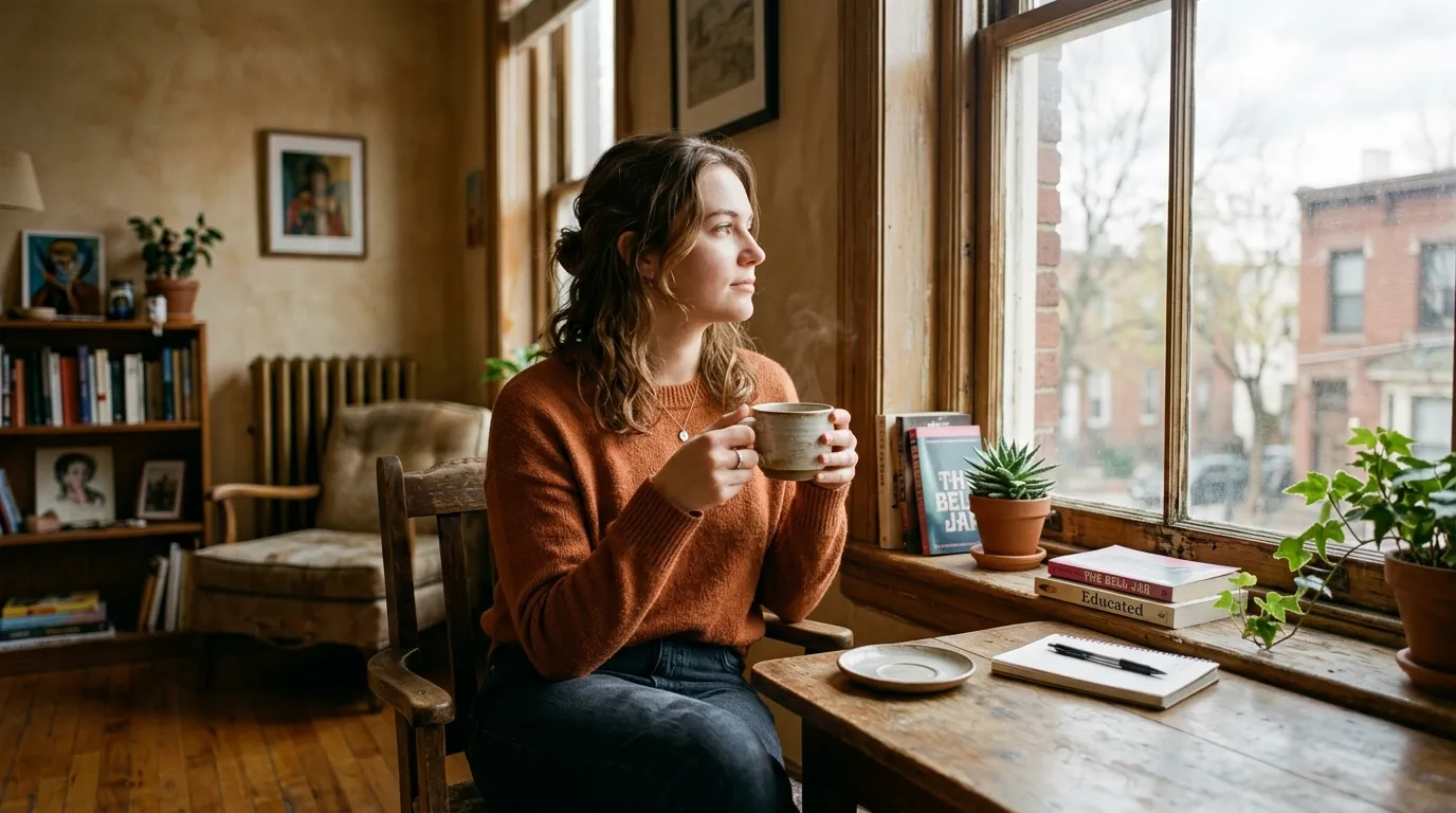 A young adult looking out a window with a resilient and thoughtful expression.