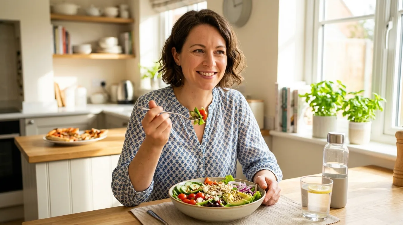 Well-rested Emma happily eating a healthy salad and rejecting junk food
