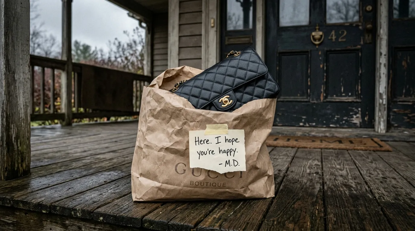 A designer purse sitting inside a shopping bag on a wooden porch