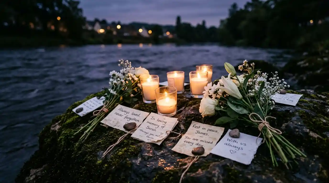Memorial candles, handwritten notes, and white flowers placed lovingly on a rock at the river's edge at dusk.
