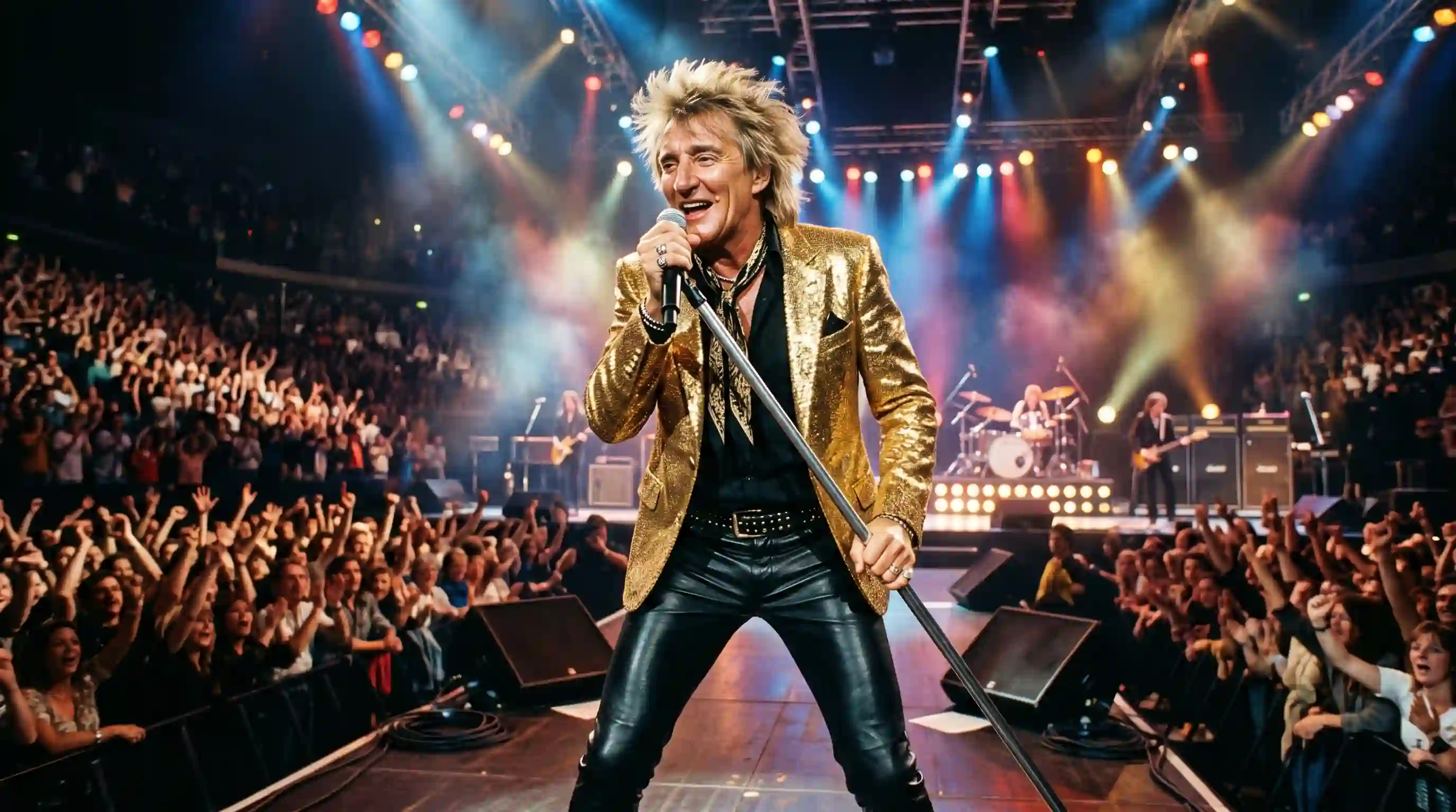 Rod Stewart in a gold blazer singing energetically into a microphone stand on a large, brightly lit arena stage