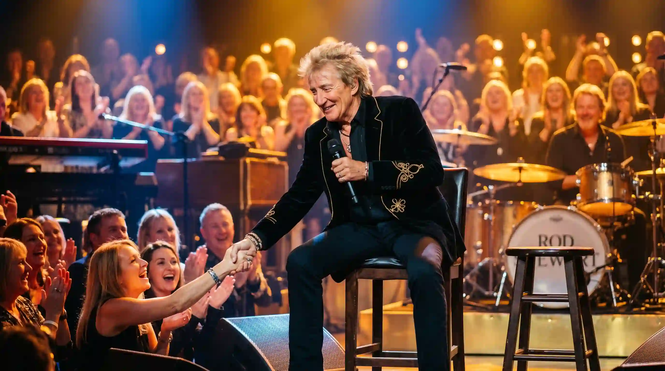 Rod Stewart smiling warmly while seated on a stool on stage, interacting affectionately with the audience.