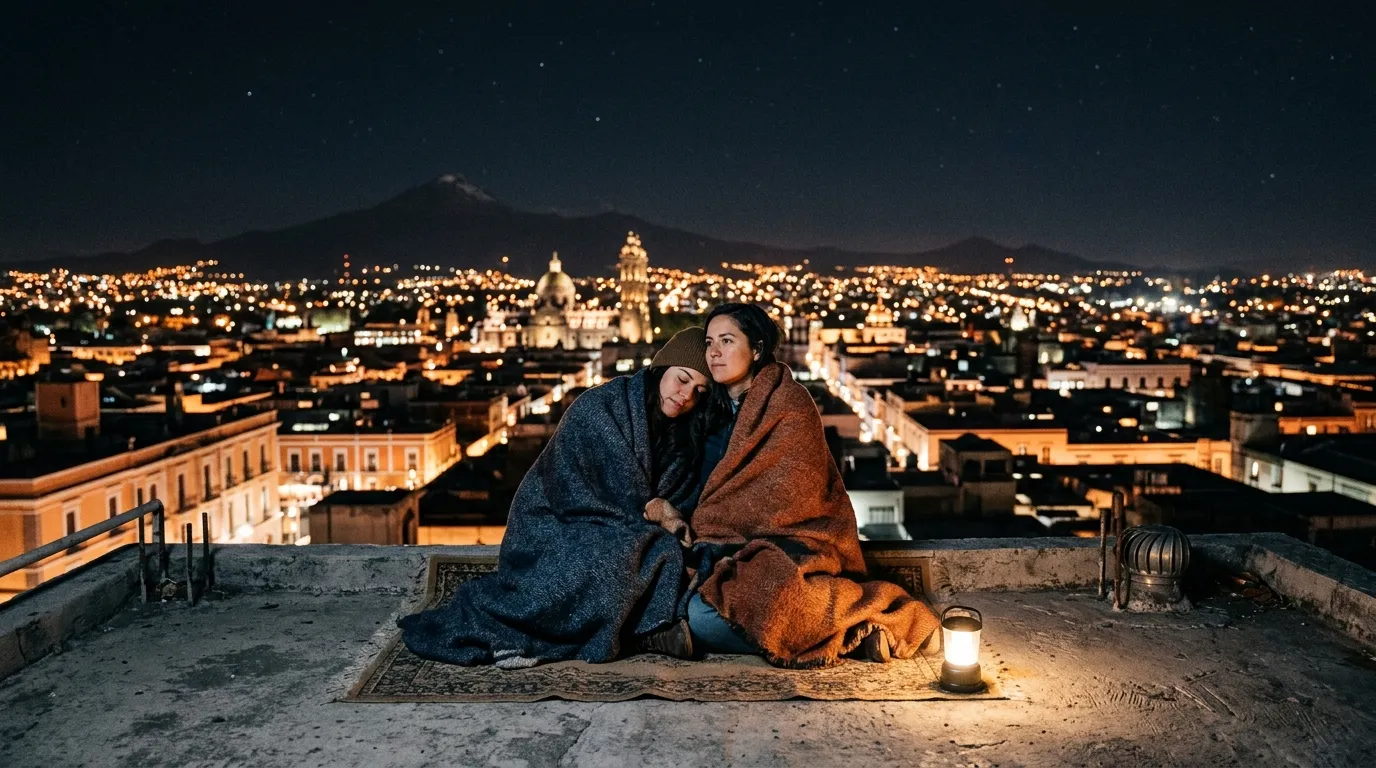 Two women sitting on a rooftop at night overlooking the city lights of Puebla, deep in conversation.