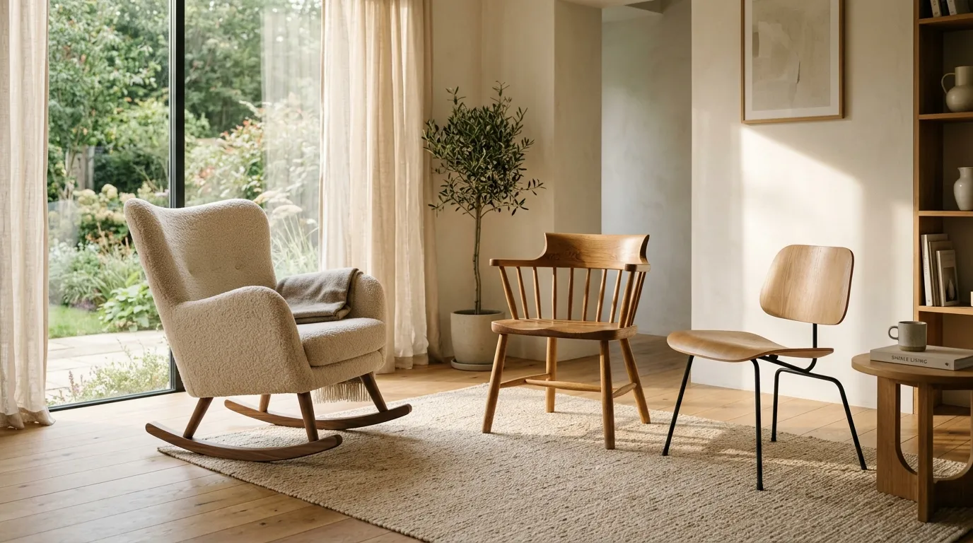 A quiet, beautifully lit room featuring three distinct chairs.