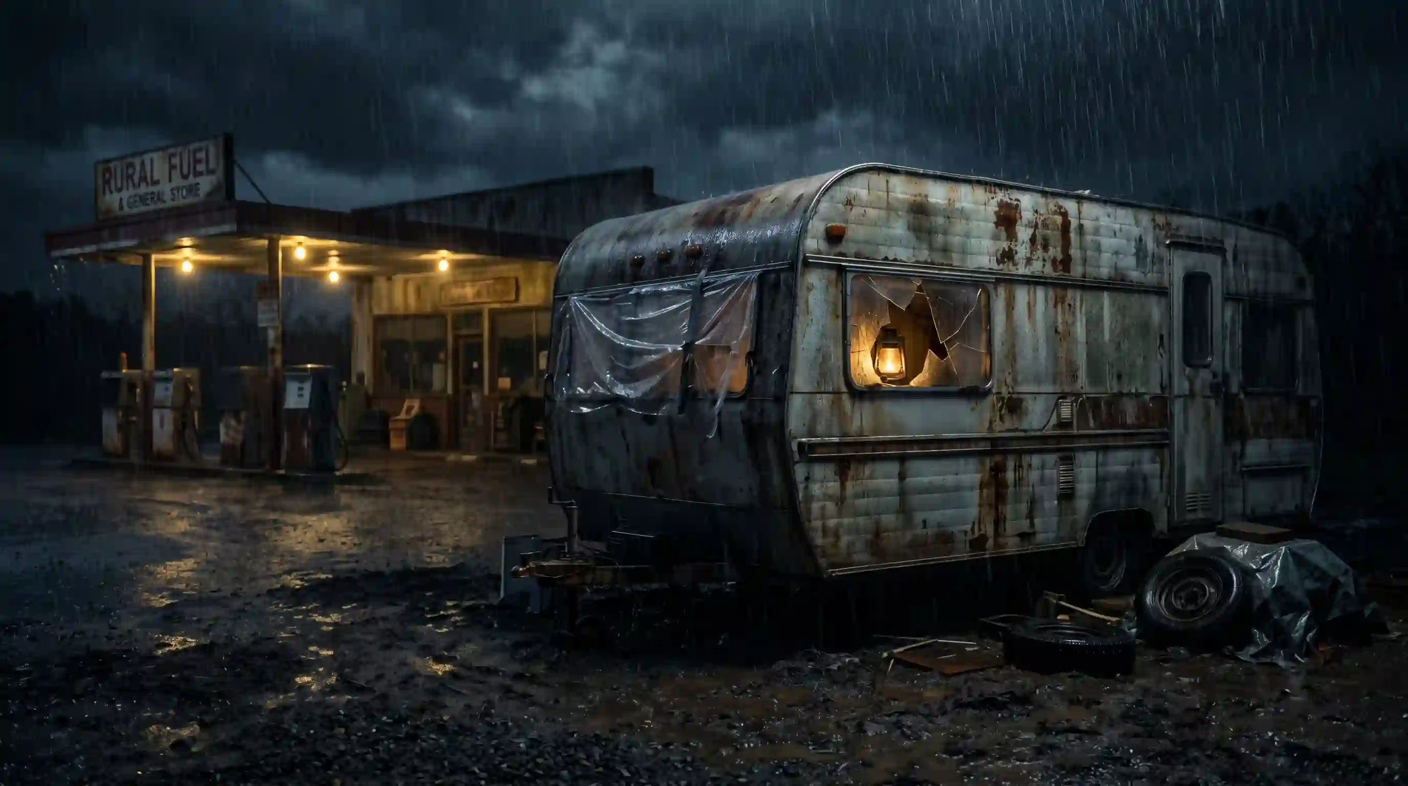An old, rusty camper parked in the rain at night behind a gas station, a dim lantern glowing inside