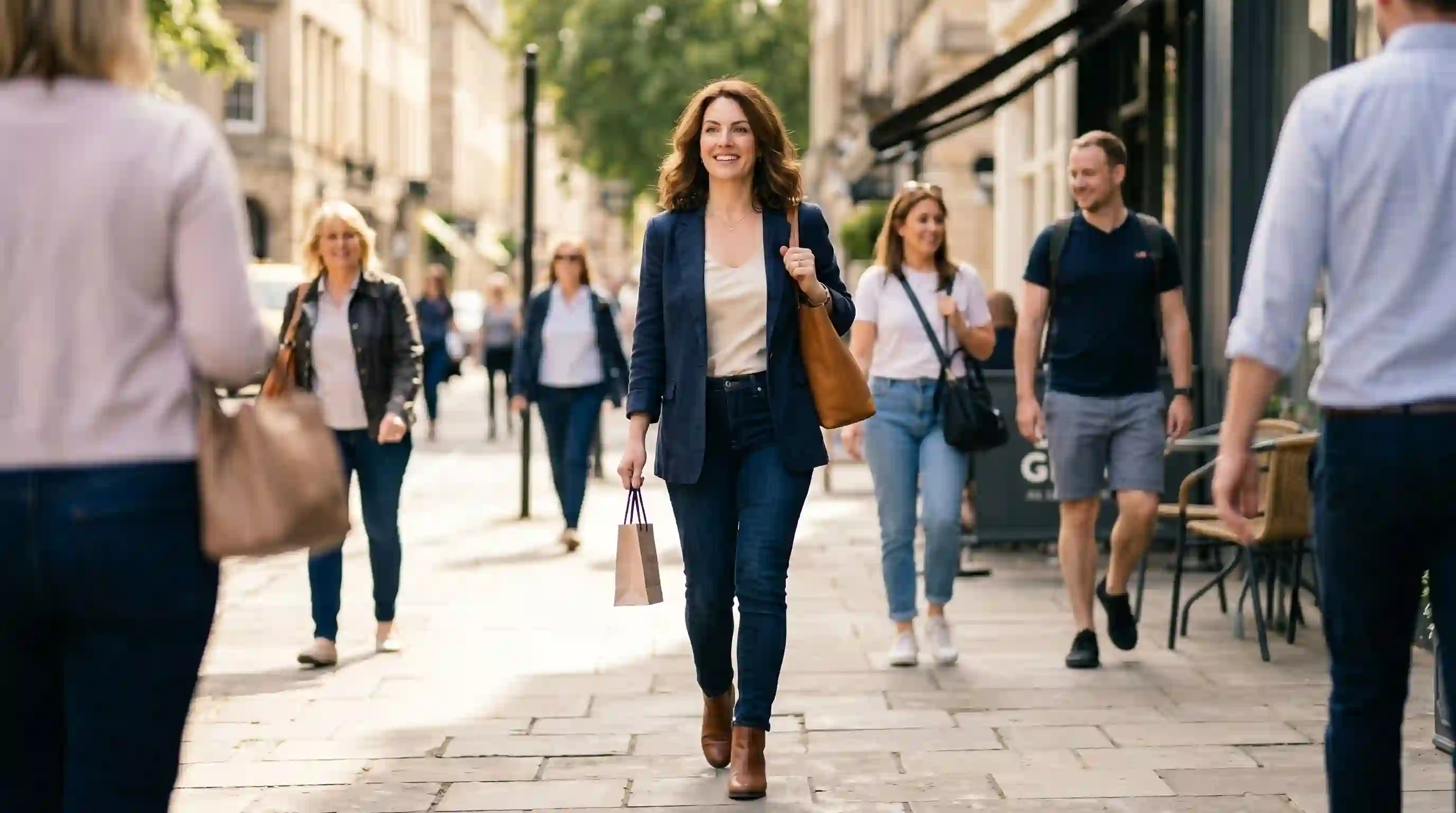 A confident woman walking down a city street with pedestrians looking at her.