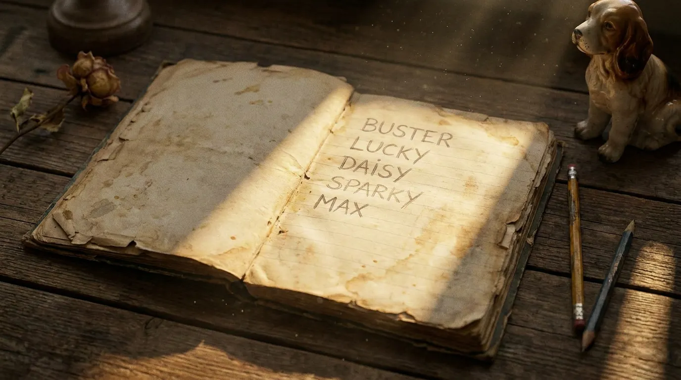 An open notebook with a handwritten list of dog names resting on a desk