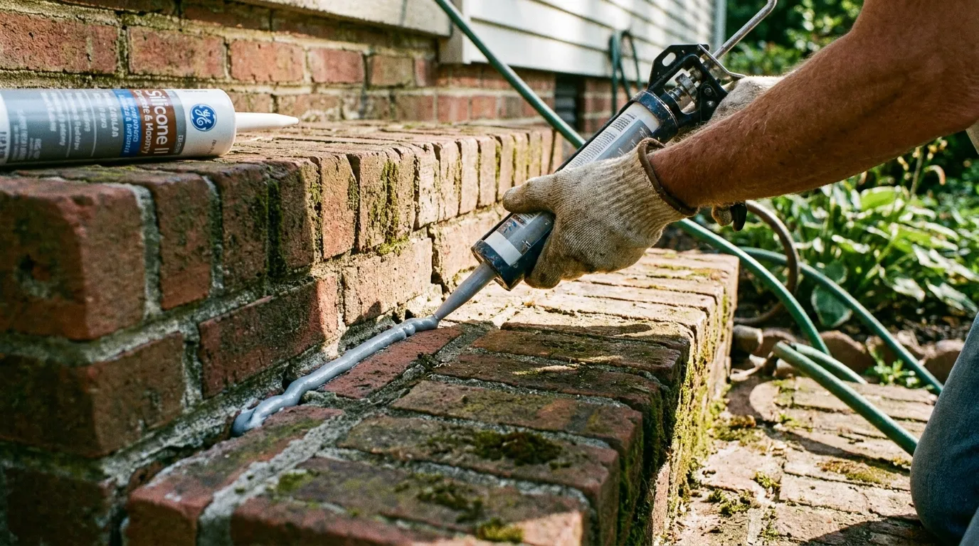 Homeowner sealing cracks in the exterior foundation of a house