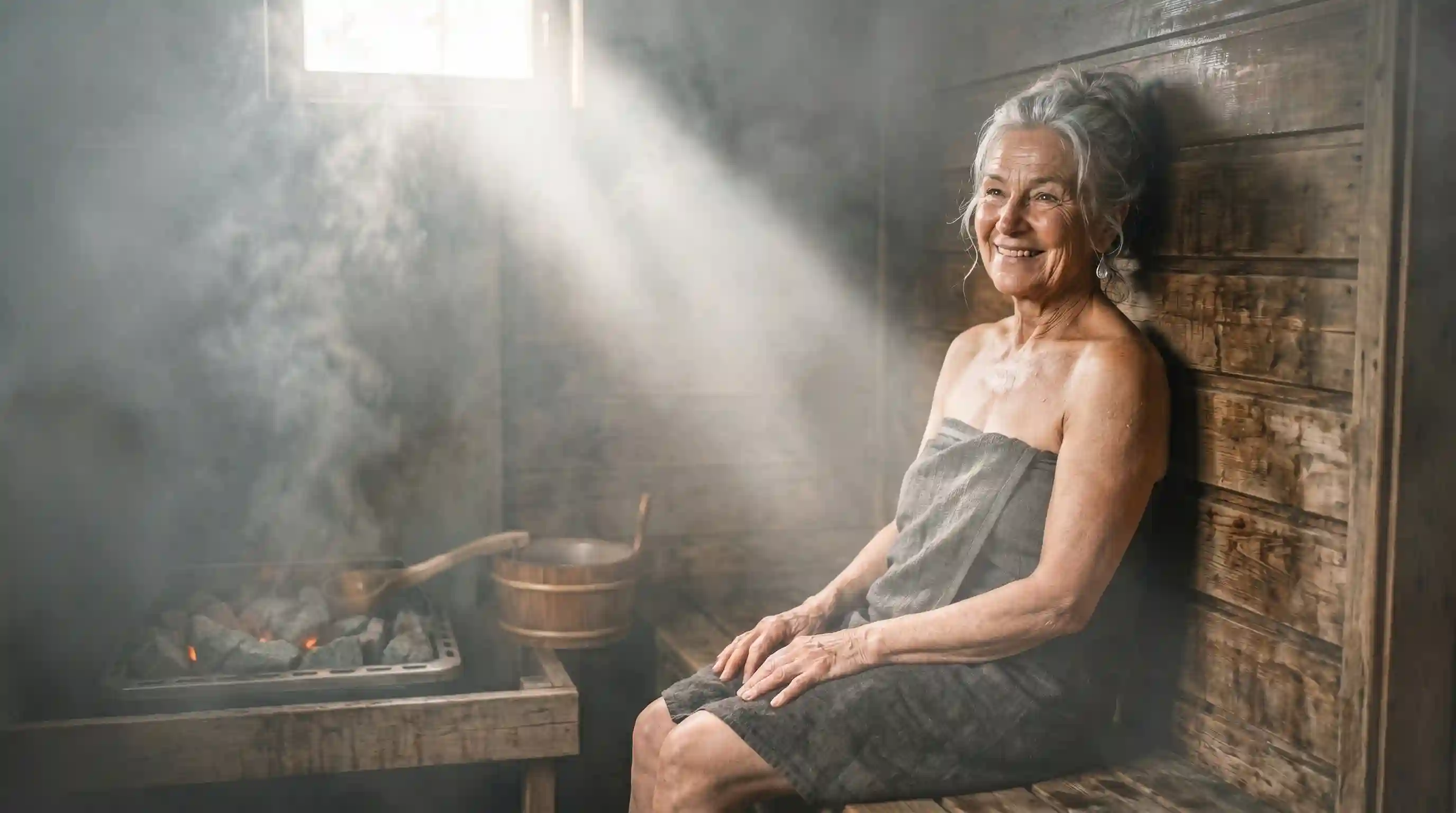 Older woman sitting confidently in a sauna
