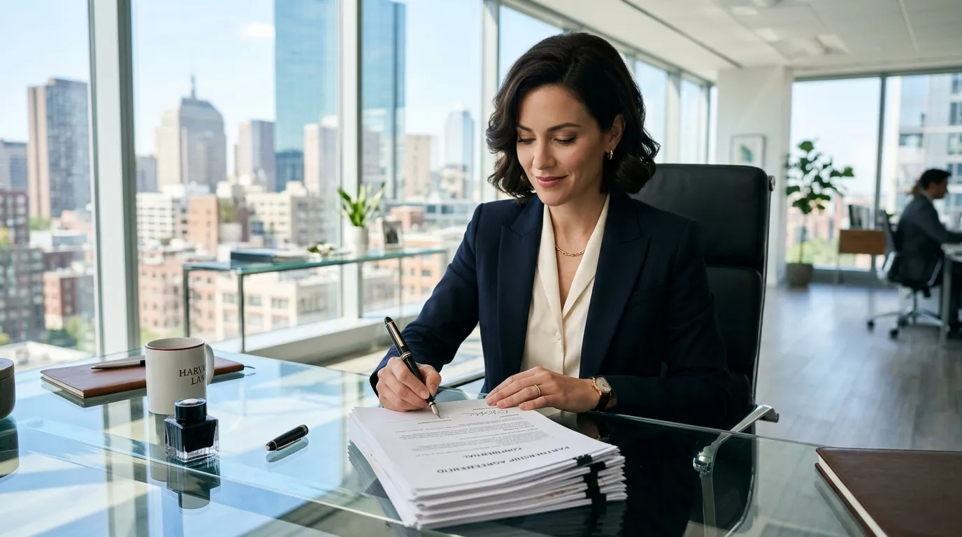 A confident woman signing legal documents transferring assets
