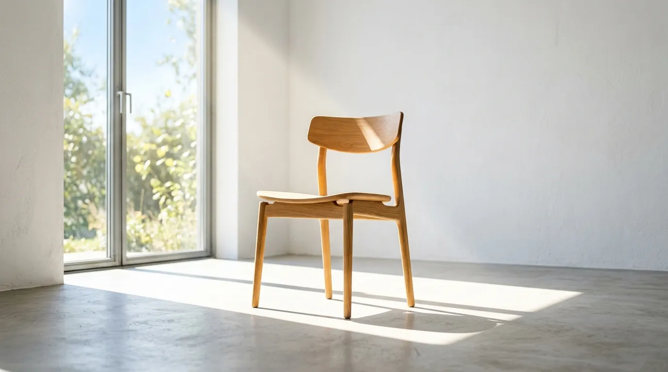 A simple, elegant chair standing in a beam of sunlight.