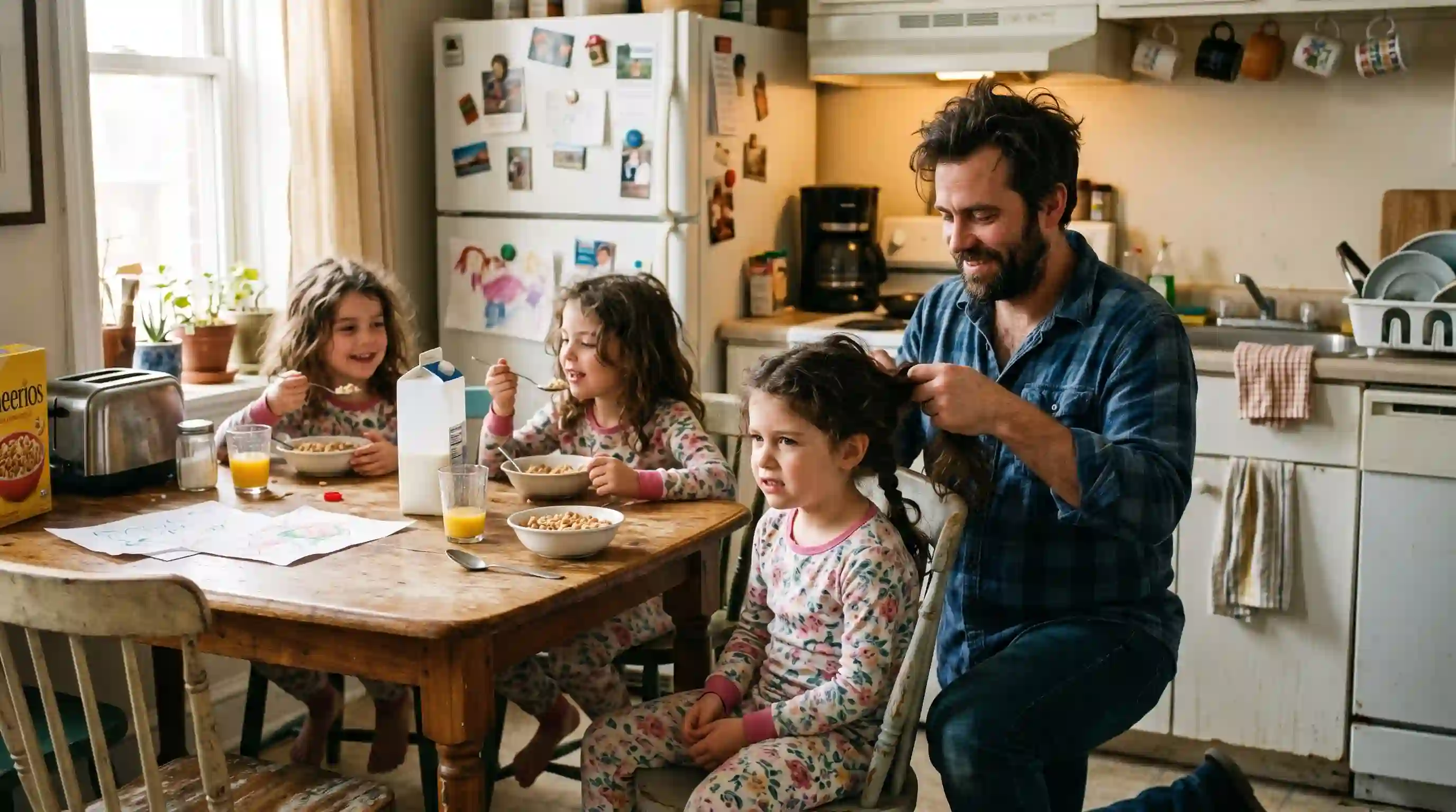 A single dad trying to braid his young daughter's hair in the kitchen.