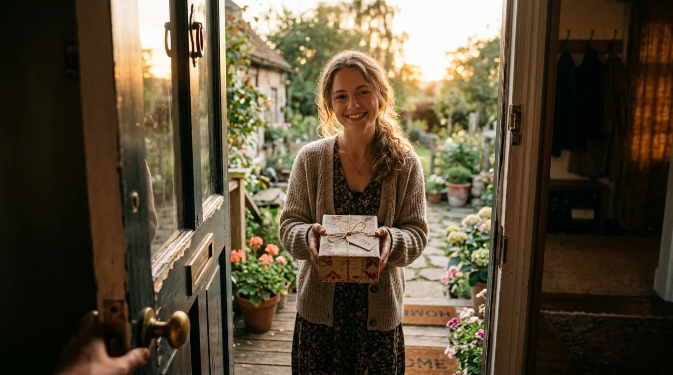 A young woman standing at an open door holding a small wrapped box, bringing news of the past.