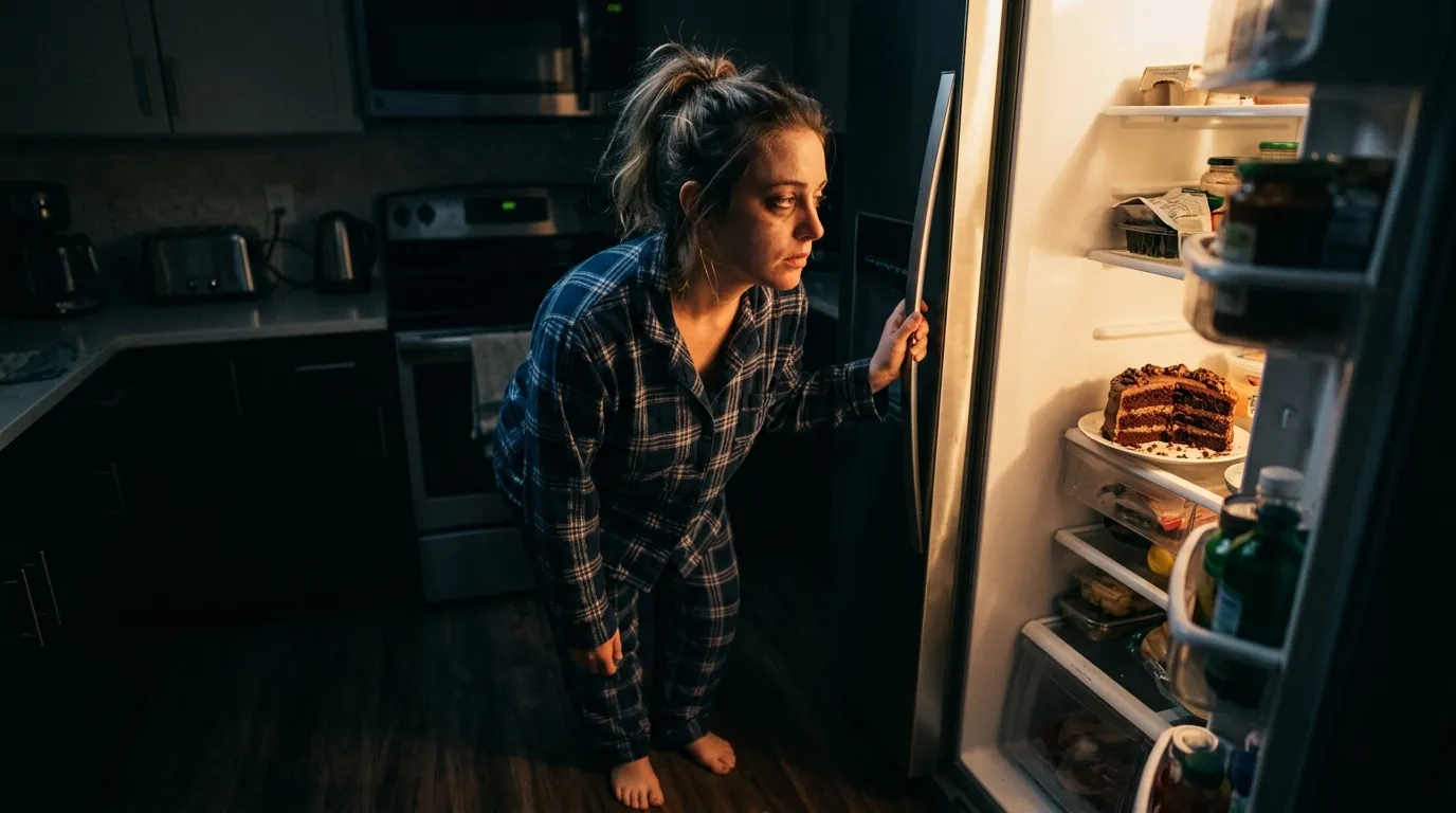 Exhausted Emma staring longingly at a slice of chocolate cake in the middle of the night
