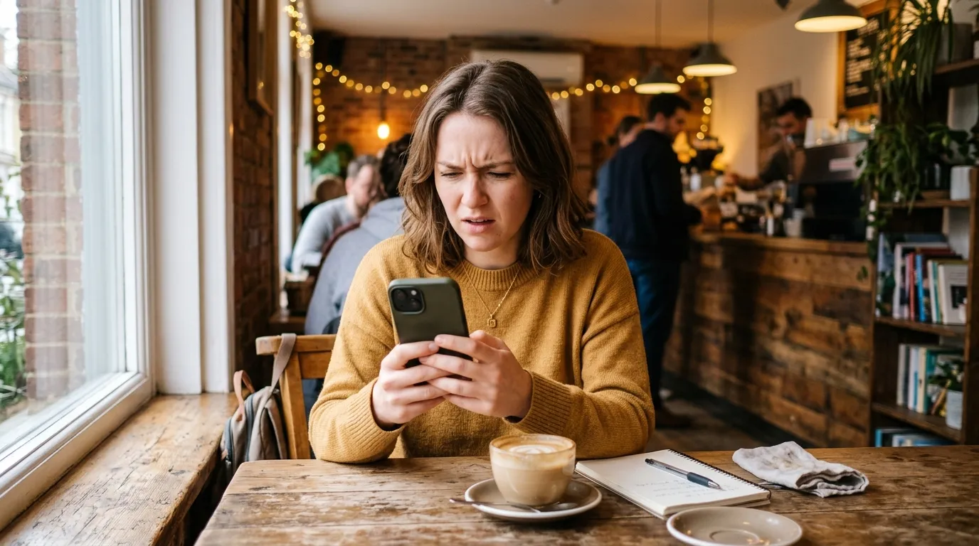 Young adult looking at a smartphone with a confused and squinting expression