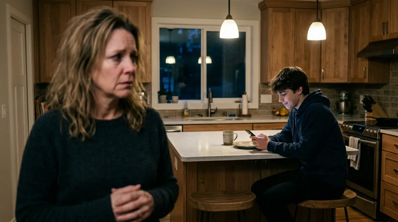 A teenage boy smirking in a kitchen while looking at his phone