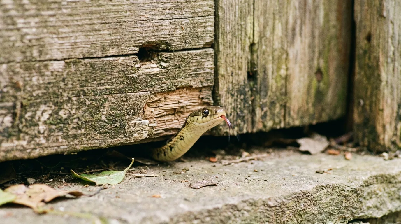 A small snake peering under a wooden door gap
