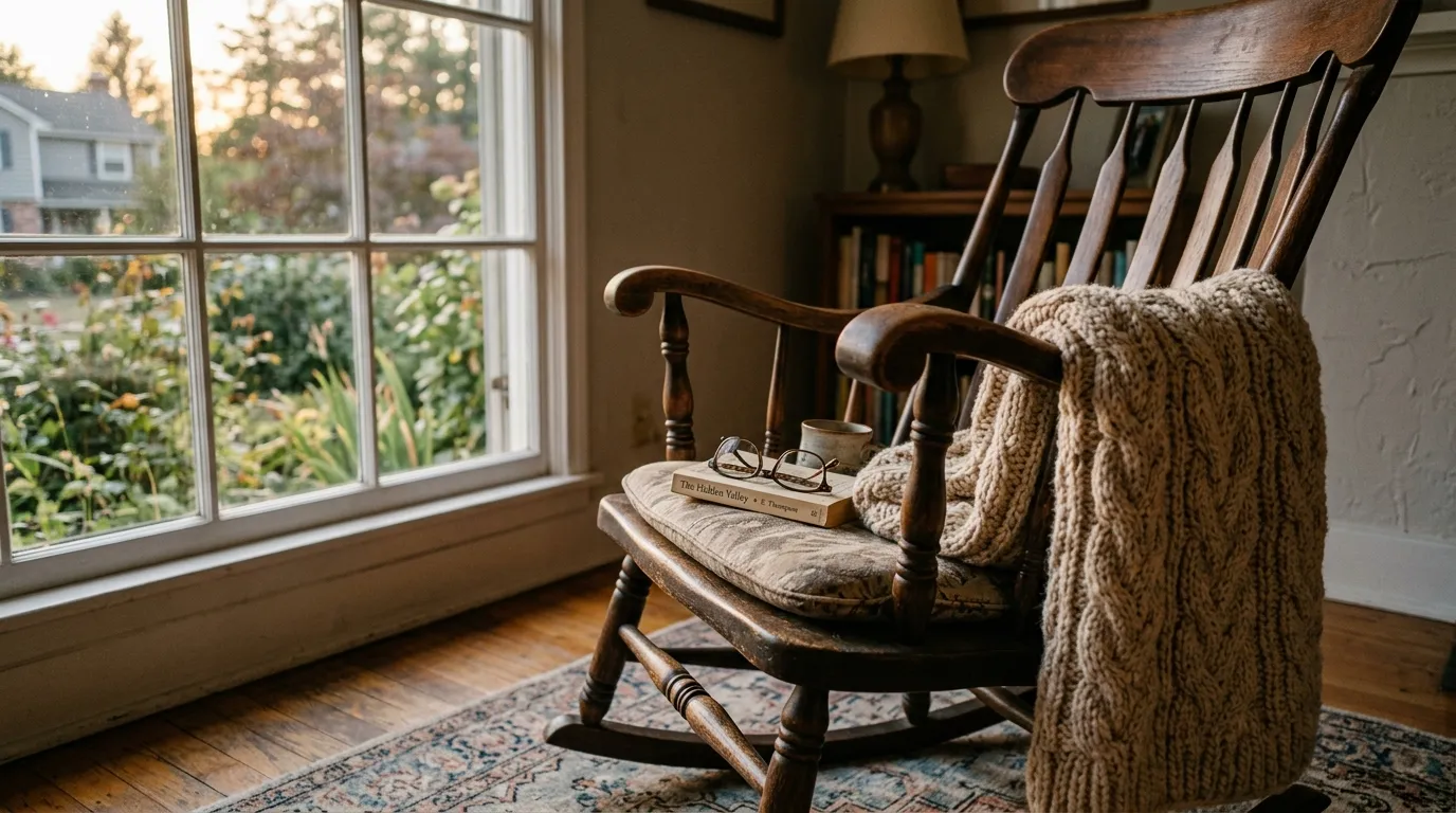A cozy rocking chair with a knitted blanket.