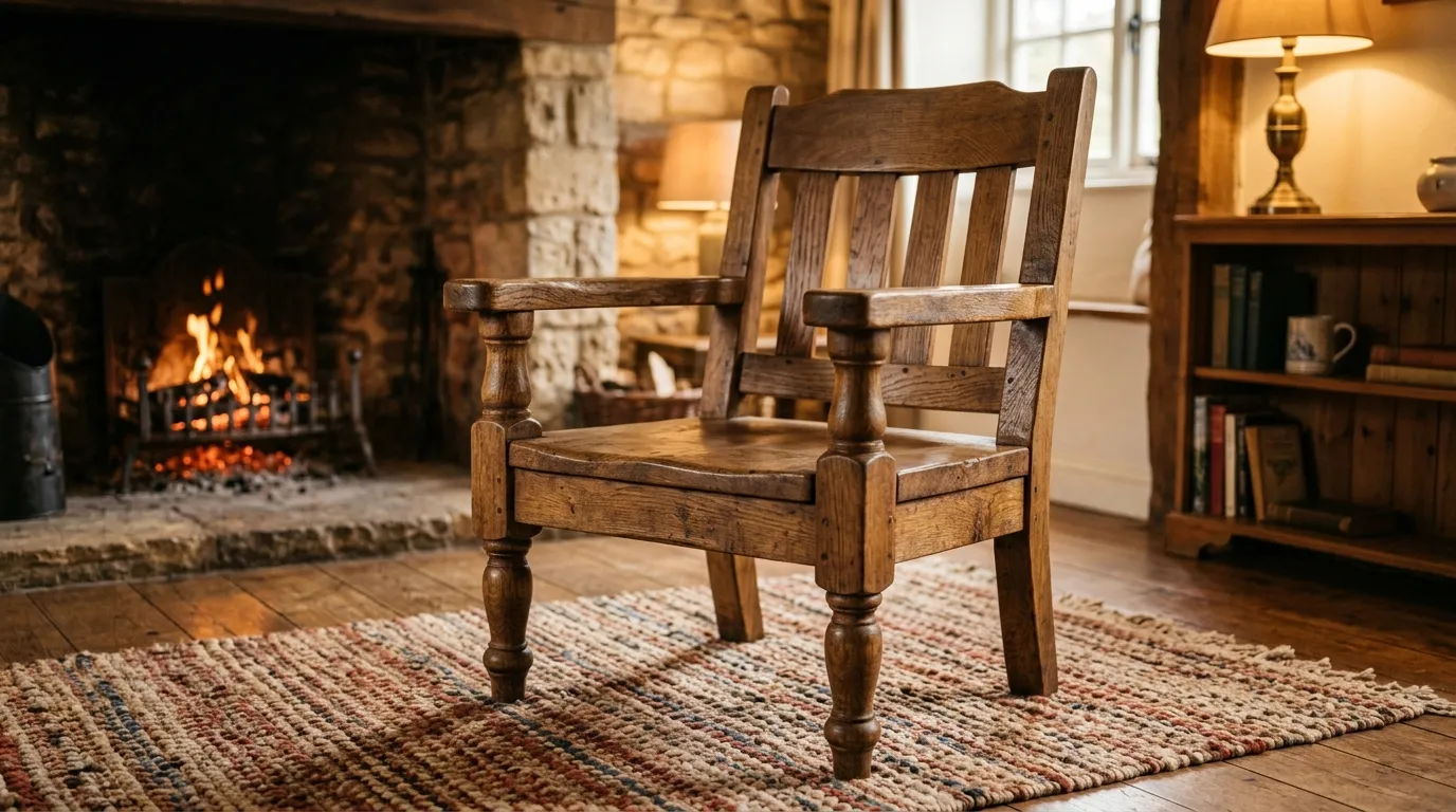 A sturdy, beautifully crafted wooden armchair.