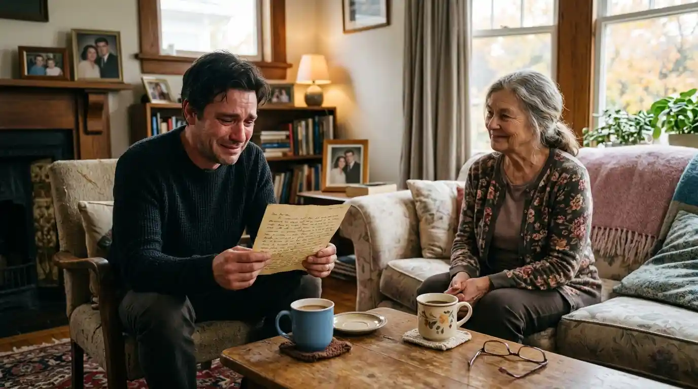A man reading an emotional letter with tears in his eyes while an older woman smiles compassionately.