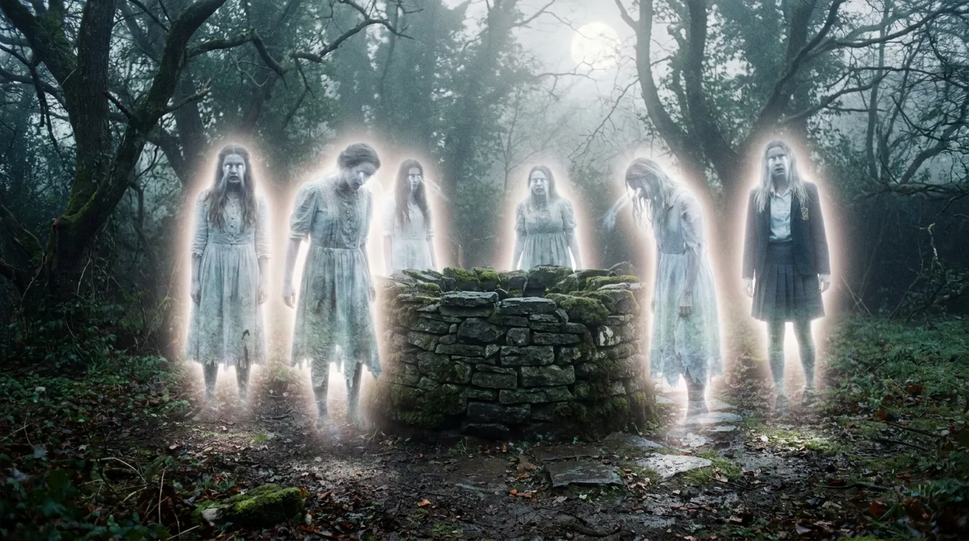 Glowing, ghostly figures of young women standing around a stone well