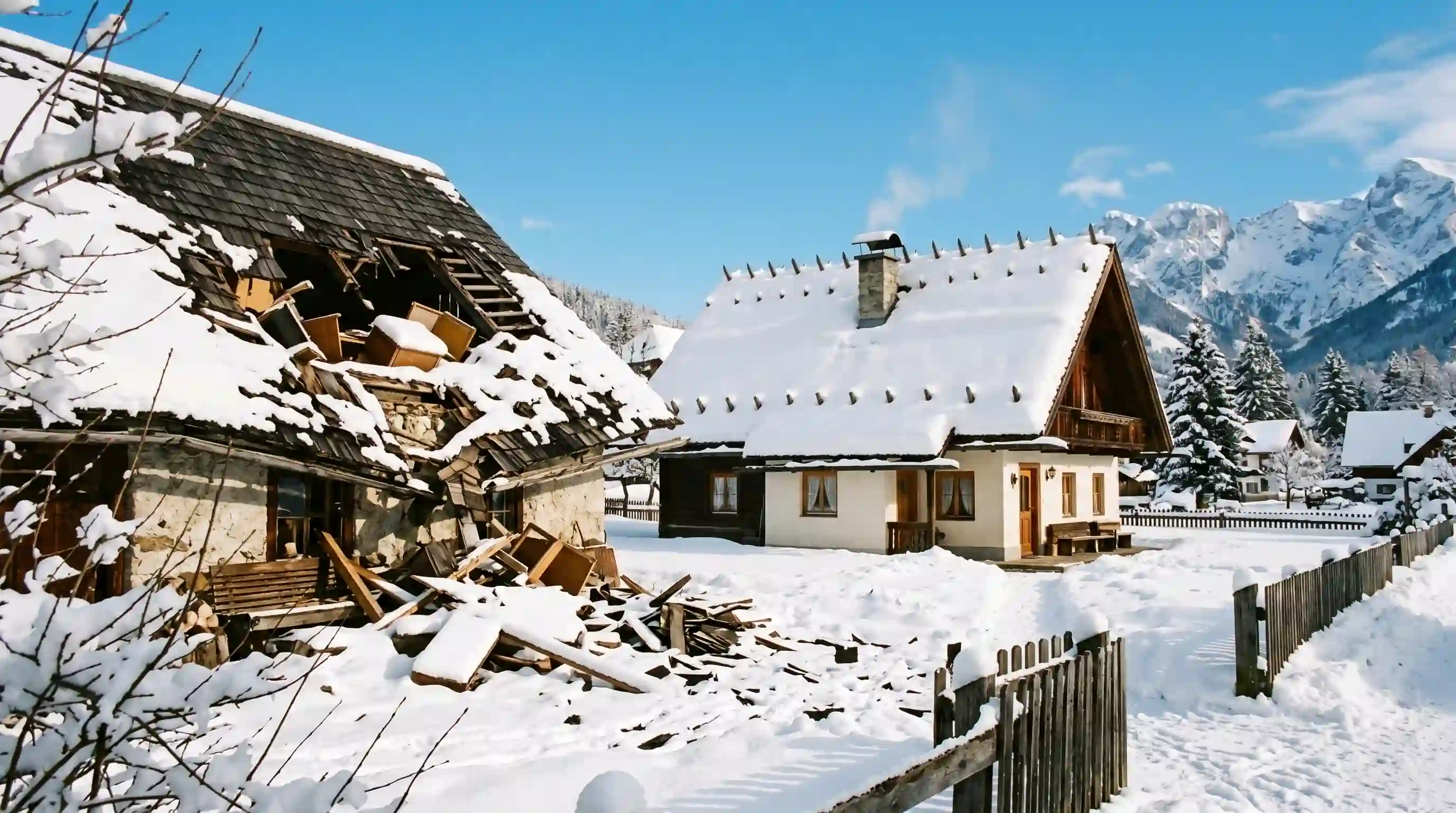 The widow's house standing perfectly intact in the morning snow, while a neighboring house shows heavy roof damage