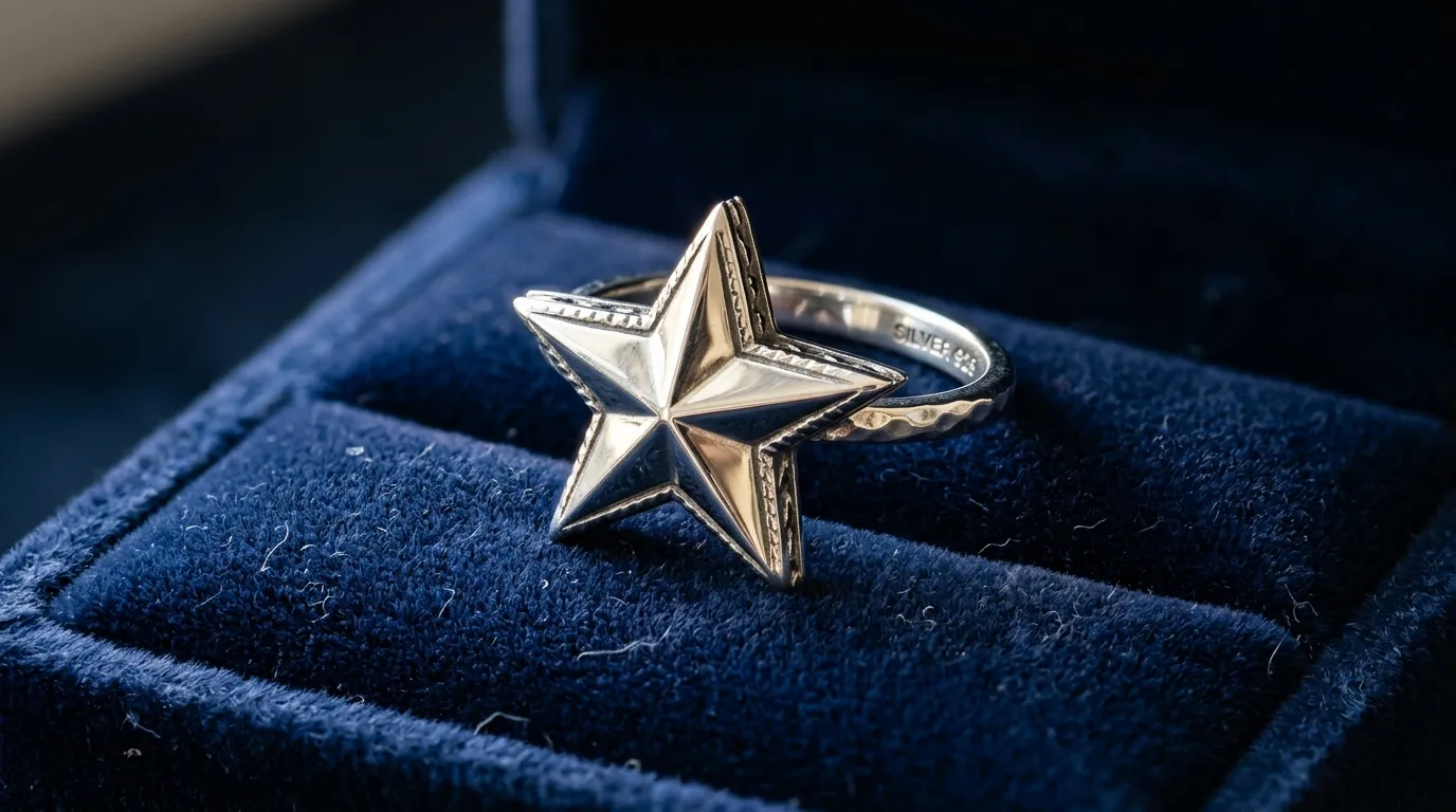 A beautiful star-shaped silver ring on display