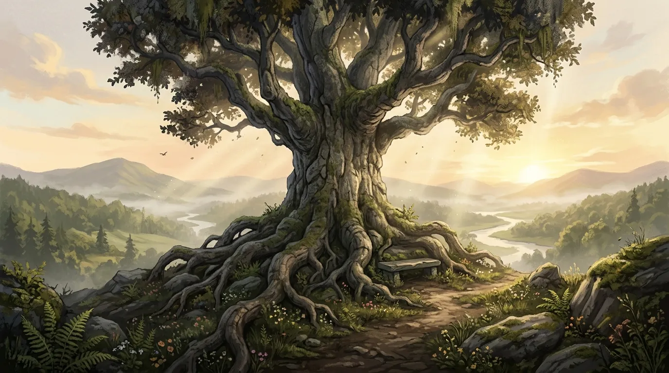 An ancient, sturdy stone tree with deep roots catching morning light, symbolizing stability.
