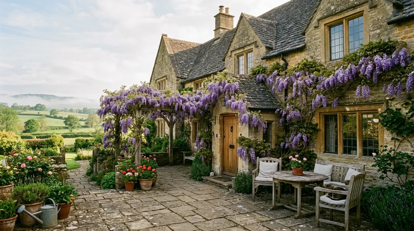 A beautiful old stone house covered in purple wisteria vines