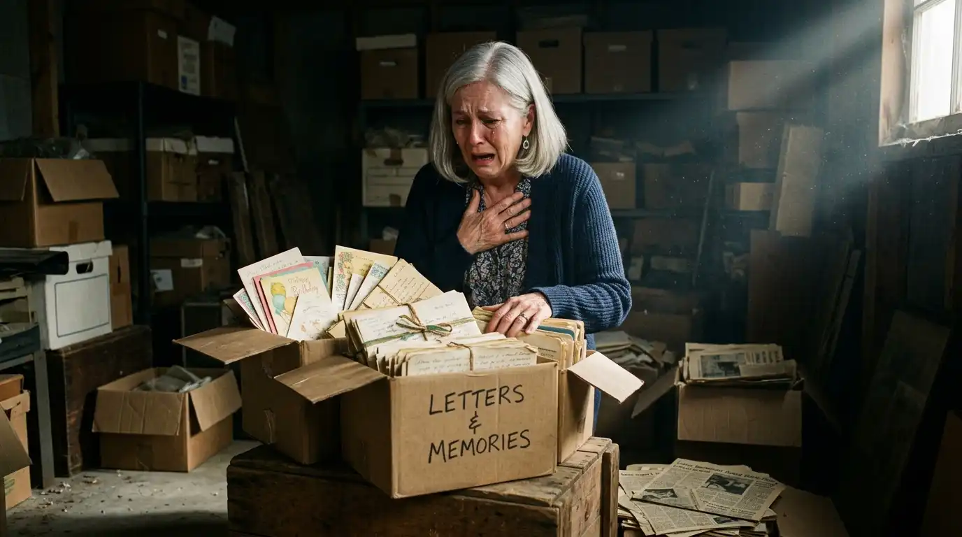 An older woman looking emotionally shocked while opening boxes of unsent letters in a dusty storage unit.