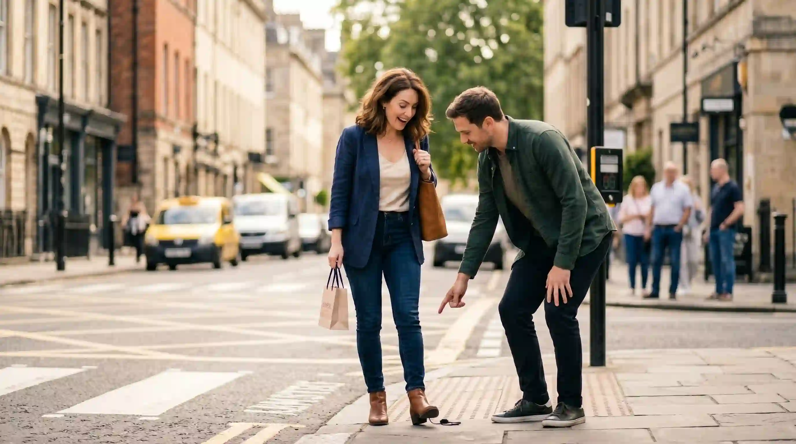 A polite stranger pointing downward at a woman's untied shoelace at a crosswalk.