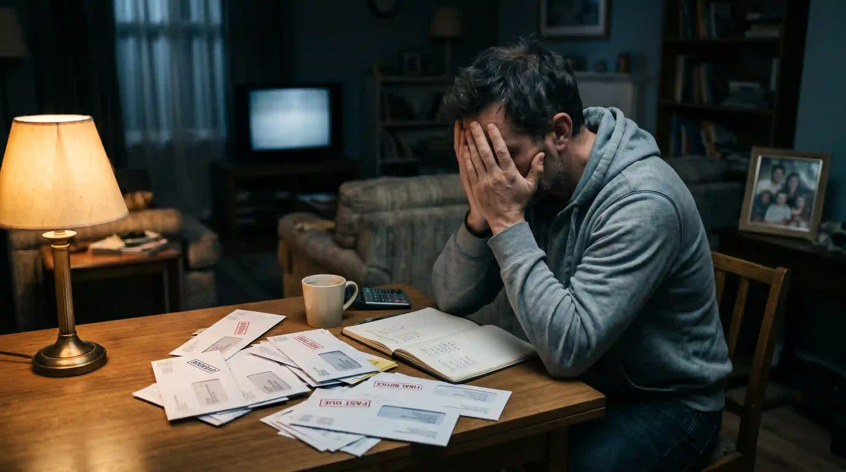 An exhausted, stressed father sitting alone in a dark room with his head in his hands, surrounded by unpaid bills