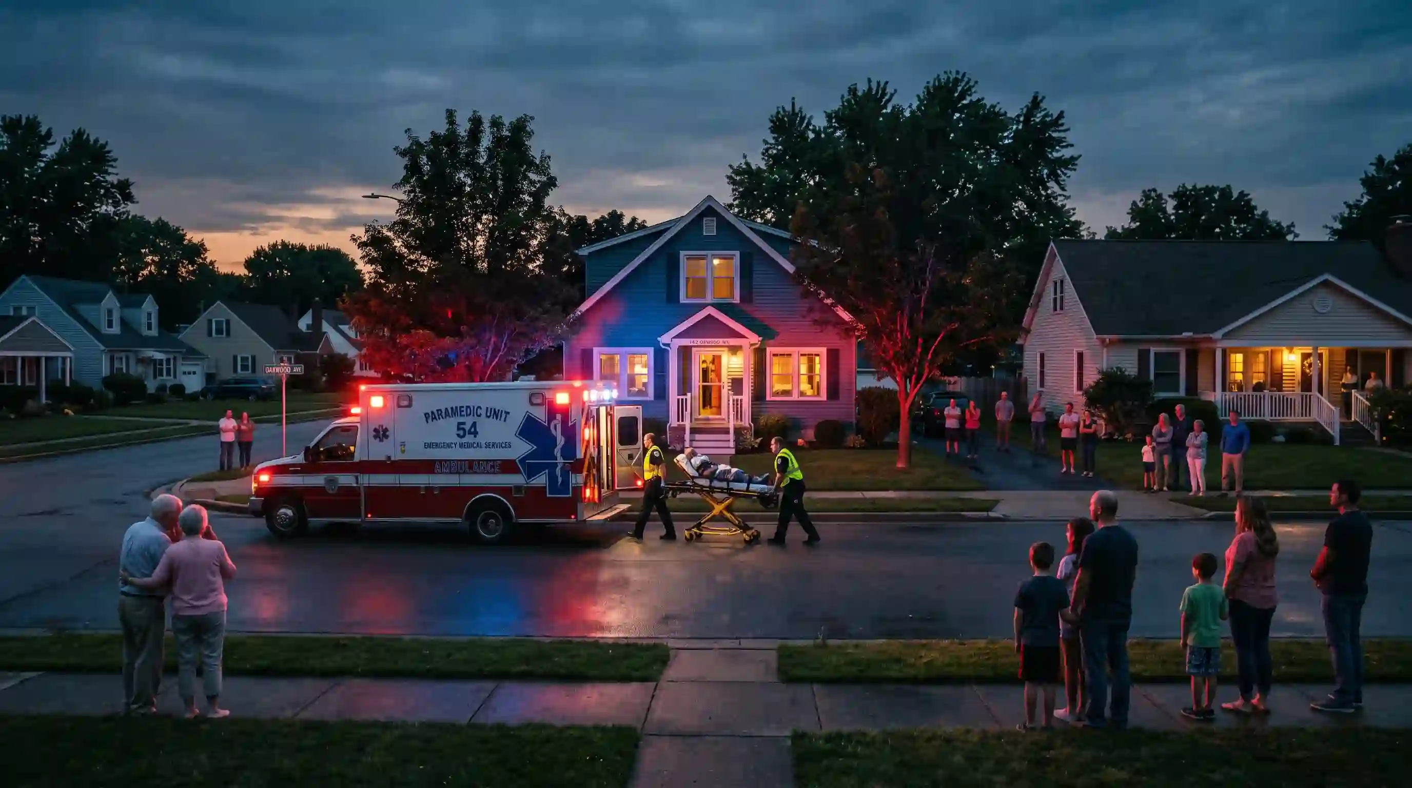 A quiet suburban home illuminated by the flashing red and blue lights of an ambulance as neighbors watch in concern.