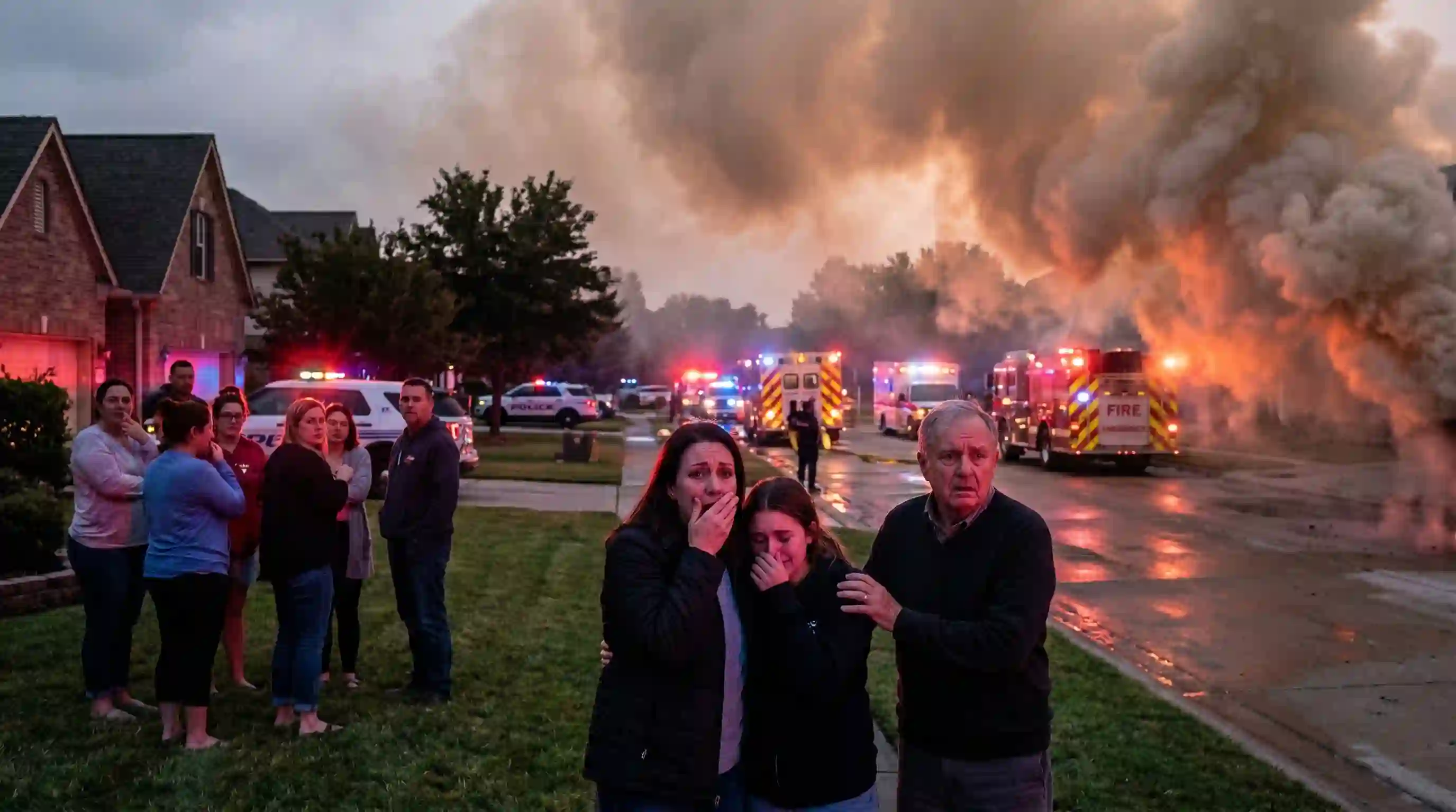 Neighbors standing on a suburban street at dusk, illuminated by flashing police lights, watching smoke billow into the sky