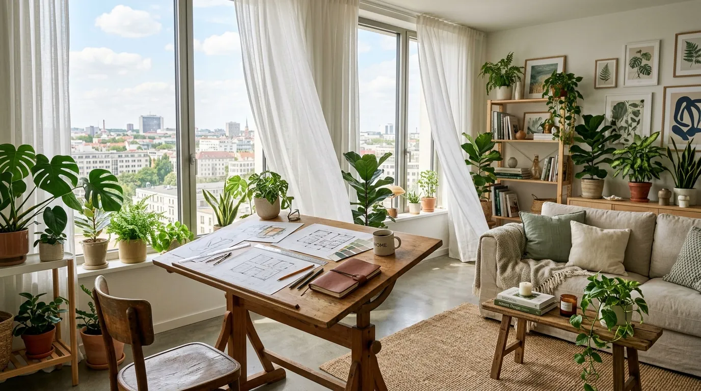 A bright, sunlit apartment filled with green plants and design sketches