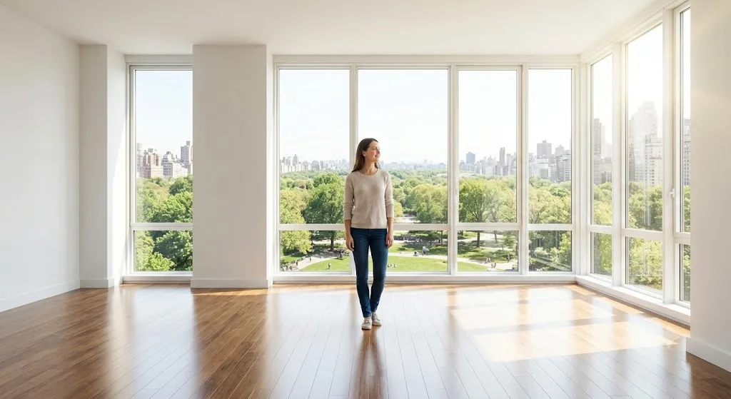 A young woman standing triumphantly in a sunlit, empty modern condo overlooking the city.