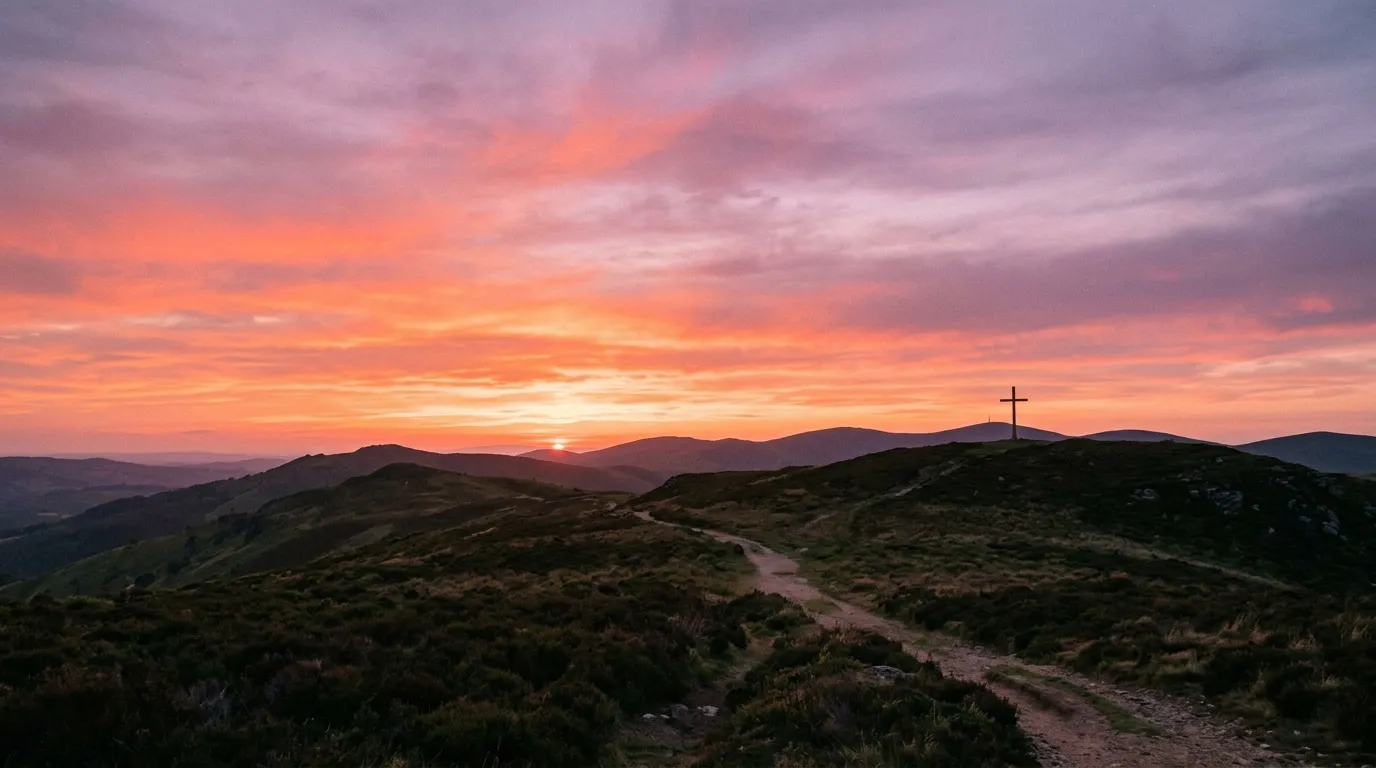 A beautiful sunset with a distant silhouette of a cross