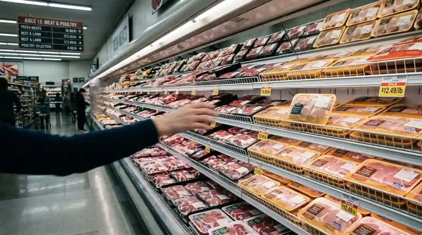 A shopper's hand reaching for plastic-wrapped meat in a brightly lit supermarket aisle.