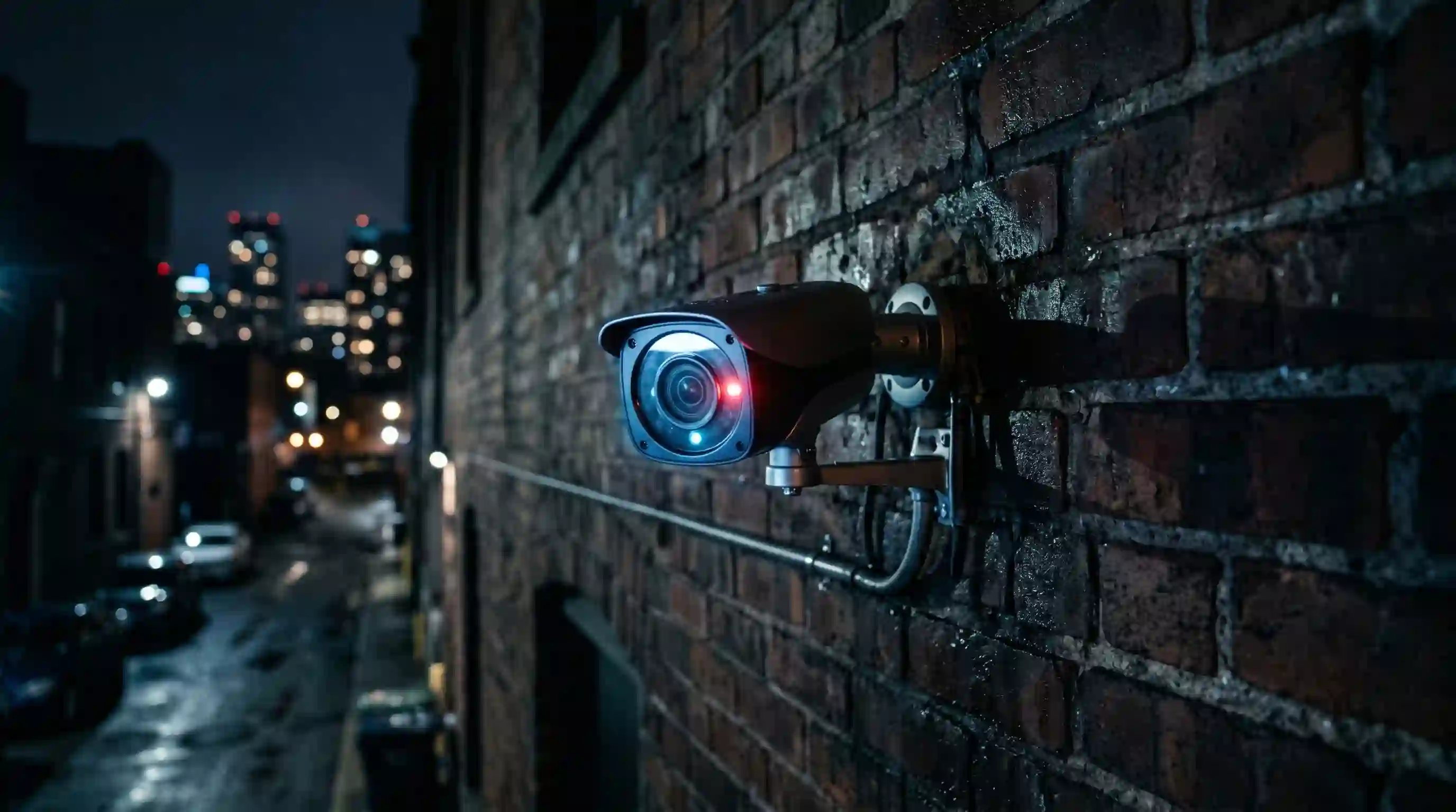 Close-up of a glowing security camera on a brick wall at night