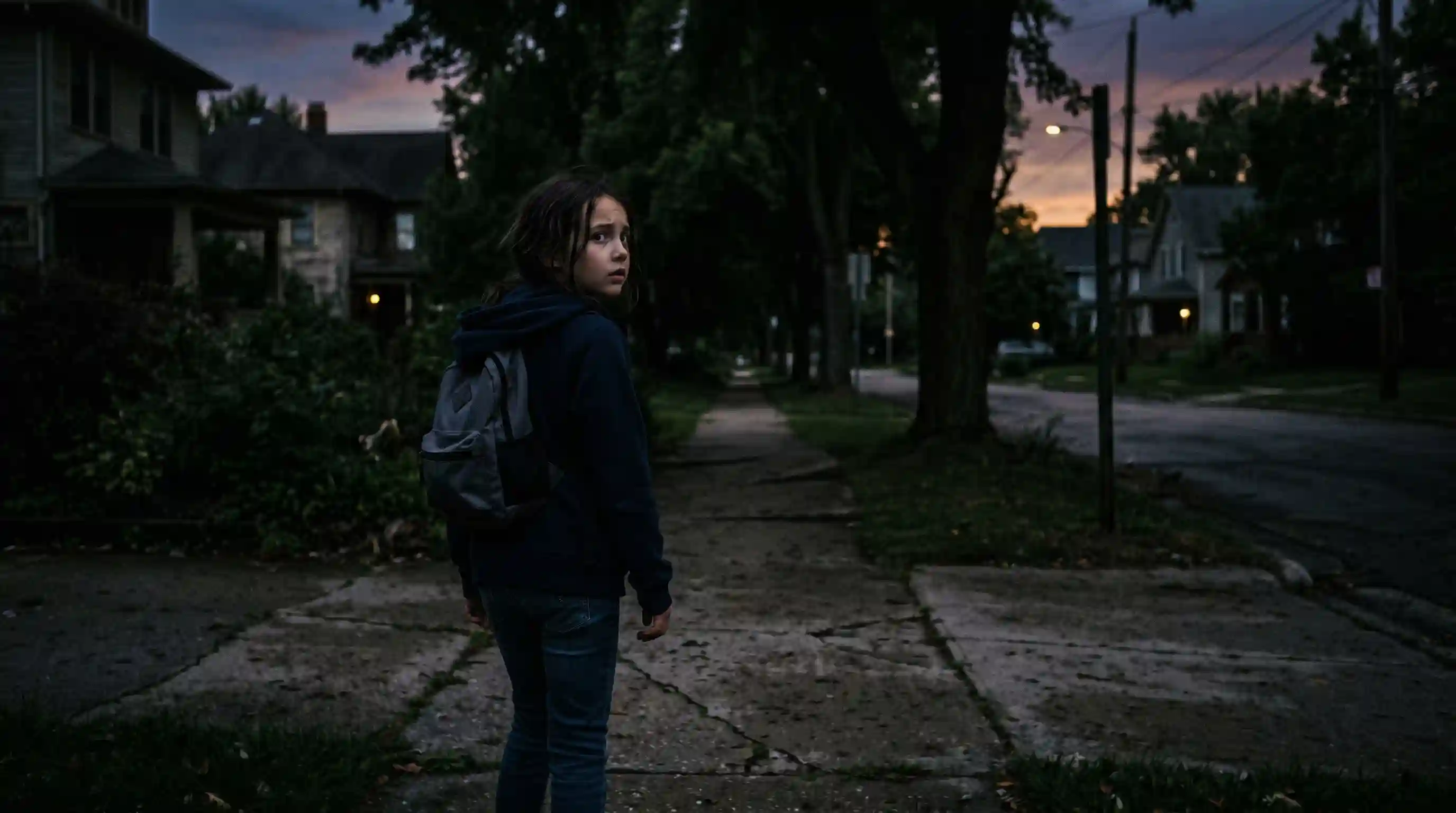 A shadowy, tall man in a dark coat and hat following a young girl from a distance down a sidewalk