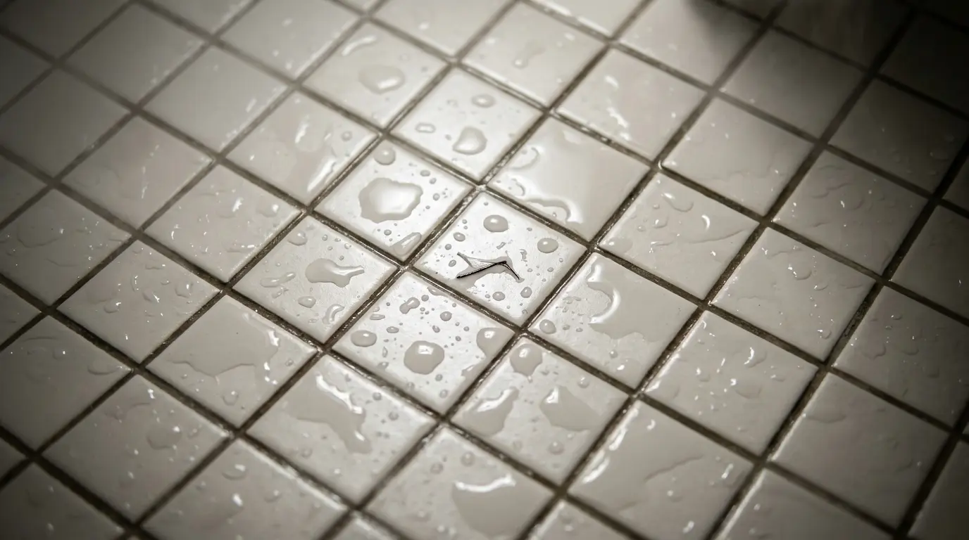 A dark, thin, unidentifiable object resting on a wet shower tile.