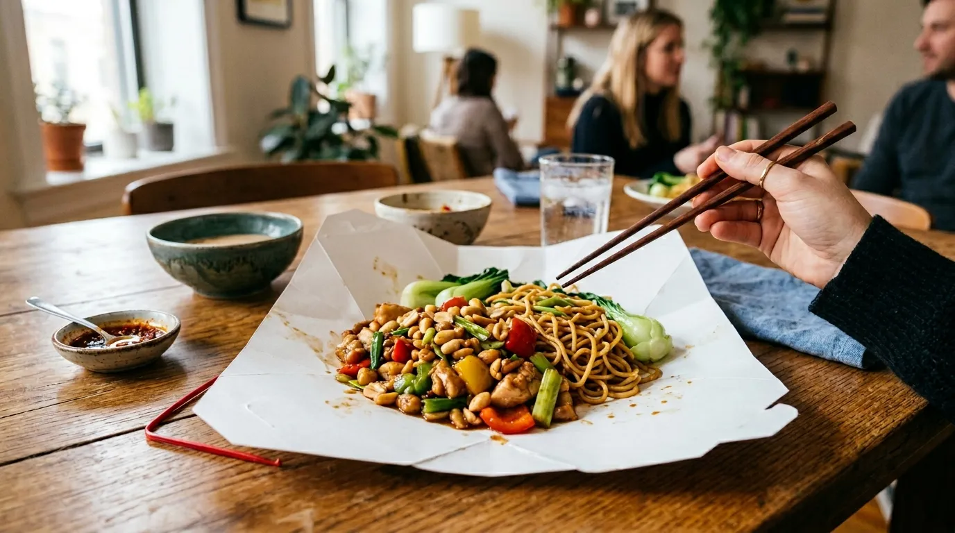 A classic Chinese takeout box unfolded into a flat paper plate